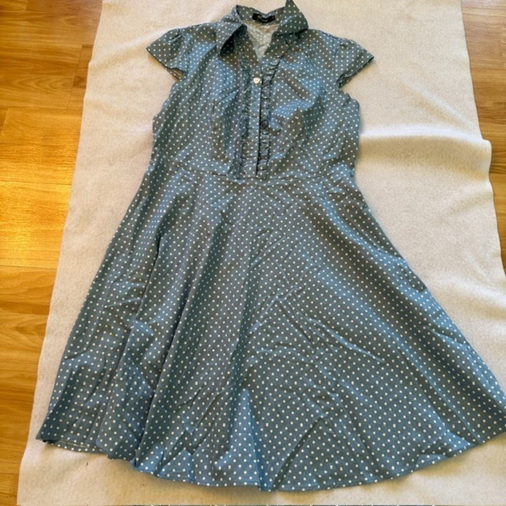 Wedtrend Polka Dot Button Front Ruffle Dress Women Blue 2XL Midi Fit Flare Retro